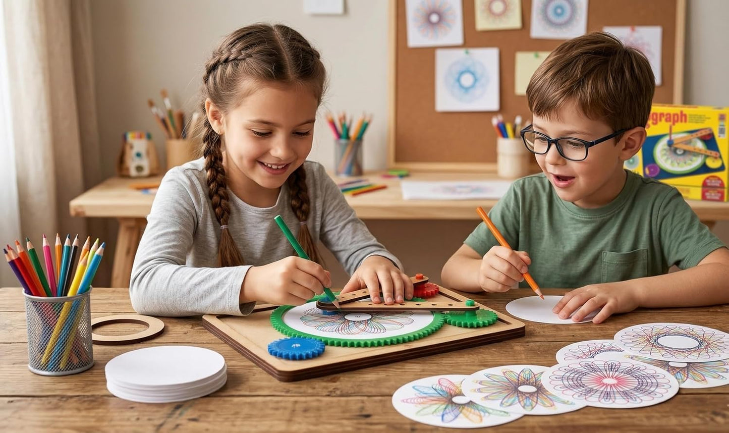 toy box spiro .graph machine drawing set, create unlimited designs, mdf, for ages 6+ years, with colour pencils