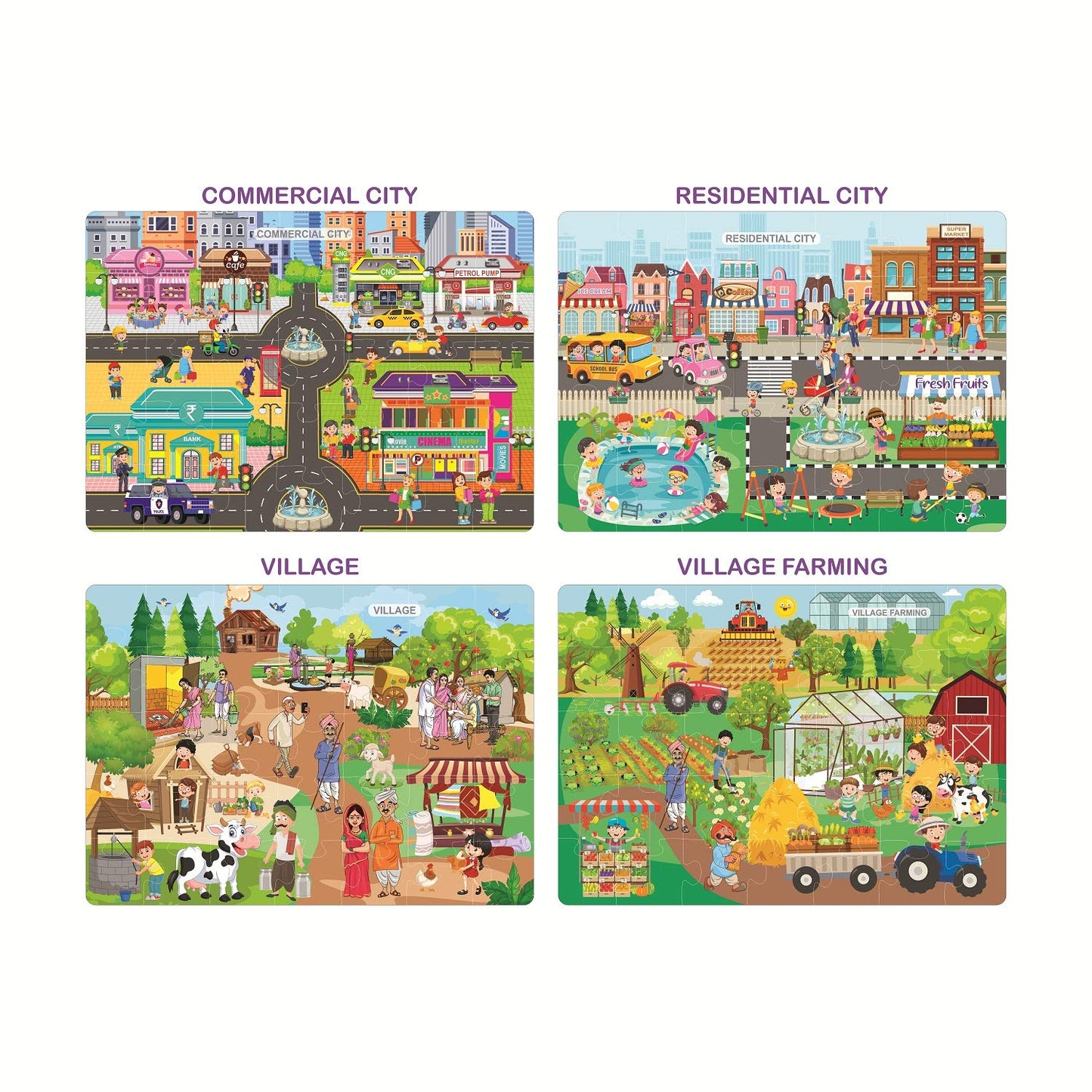 ratna's 4 in 1 city & village life jigsaw puzzle for kids. 4 jigsaw puzzles with 35 pieces each (commercial city, residential city, village & village farming), multicolor