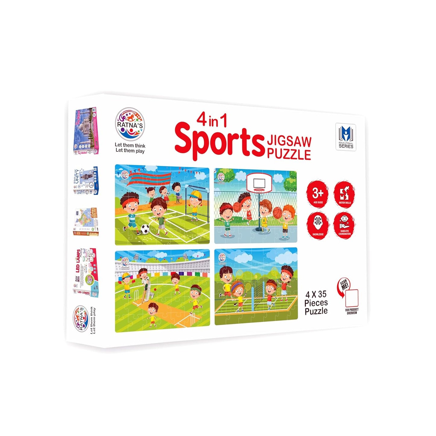 ratna's original 4 in 1 sports jigsaw puzzle for kids - set of 4, 35-piece puzzles for games like cricket, football, basketball & tennis | educational toy | puzzle guide included | ages 3 and up