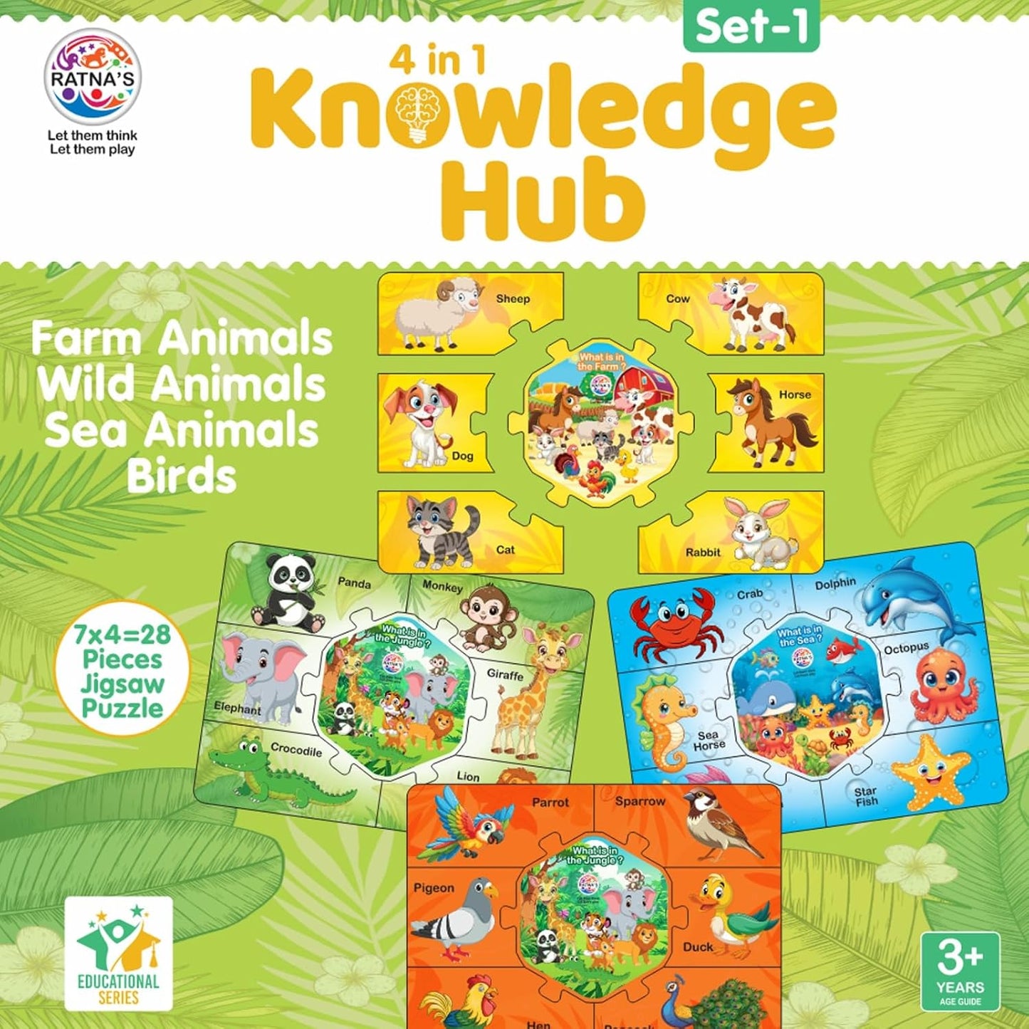 ratna's knowledge hub level 1, 4 jigsaw puzzle featuring birds, farm, wild & sea animals, educational toys for kids 3+ years