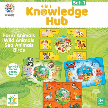 Ratna's Knowledge Hub Level 1, 4 Jigsaw Puzzle Featuring Birds, Farm, Wild & Sea Animals, Educational Toys for Kids 3+ Years