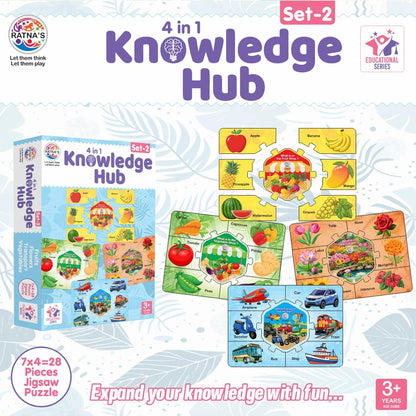 Ratna's Knowledge Hub Level 2, 4 Jigsaw Puzzle Featuring Fruits, Vegetable, Transport & Flowers, Educational Toys for Kids 3+ Years