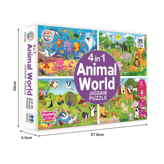 RATNA'S 4 in 1 Animal World Jigsaw Puzzle Set - 35 Pieces Each, Multicolor (Wild, Farm, Sea Animals & Birds) | Educational Toy for Kids | Cognitive Development | Hand-Eye Coordination