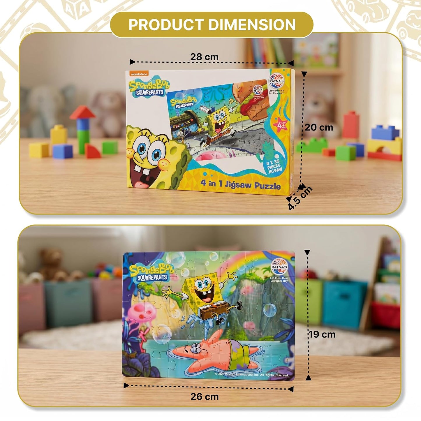 ratna's 4-in-1 spongebob jigsaw puzzle size 24cm x 17cm, 140 pieces (4 x 35pcs each) floor puzzles for kids for age 3+