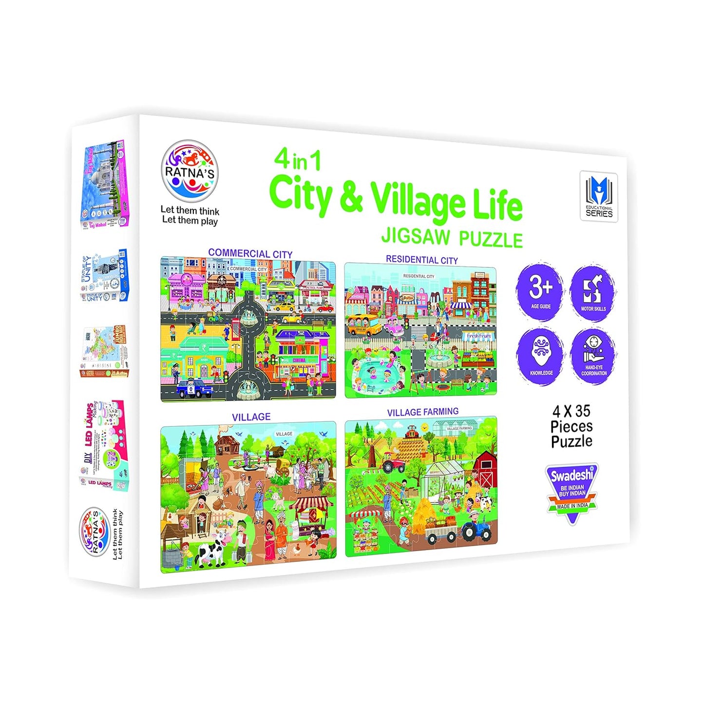 ratna's 4 in 1 city & village life jigsaw puzzle for kids. 4 jigsaw puzzles with 35 pieces each (commercial city, residential city, village & village farming), multicolor