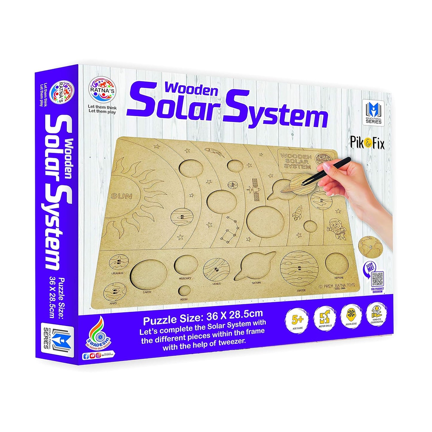 ratna's wooden solar system puzzle, pik & fix the pieces with the help of plucker provided, educational toy for kids 5+ years
