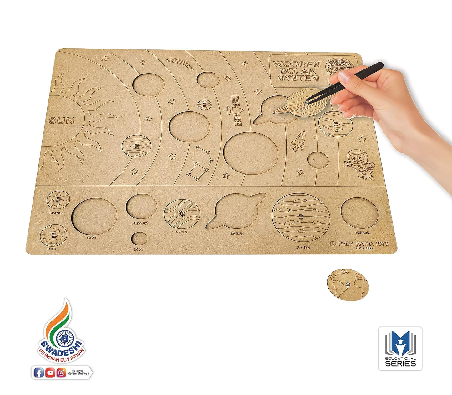 ratna's wooden solar system puzzle, pik & fix the pieces with the help of plucker provided, educational toy for kids 5+ years
