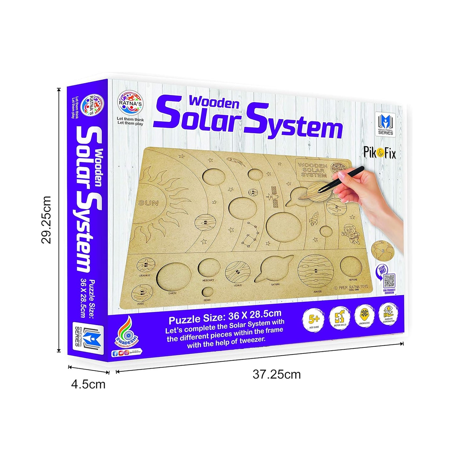 ratna's wooden solar system puzzle, pik & fix the pieces with the help of plucker provided, educational toy for kids 5+ years