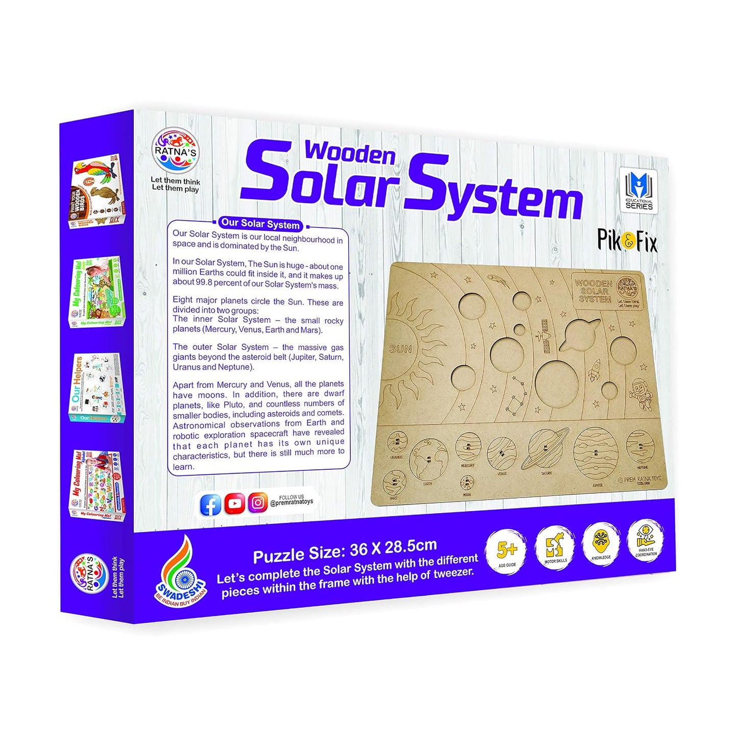 ratna's wooden solar system puzzle, pik & fix the pieces with the help of plucker provided, educational toy for kids 5+ years