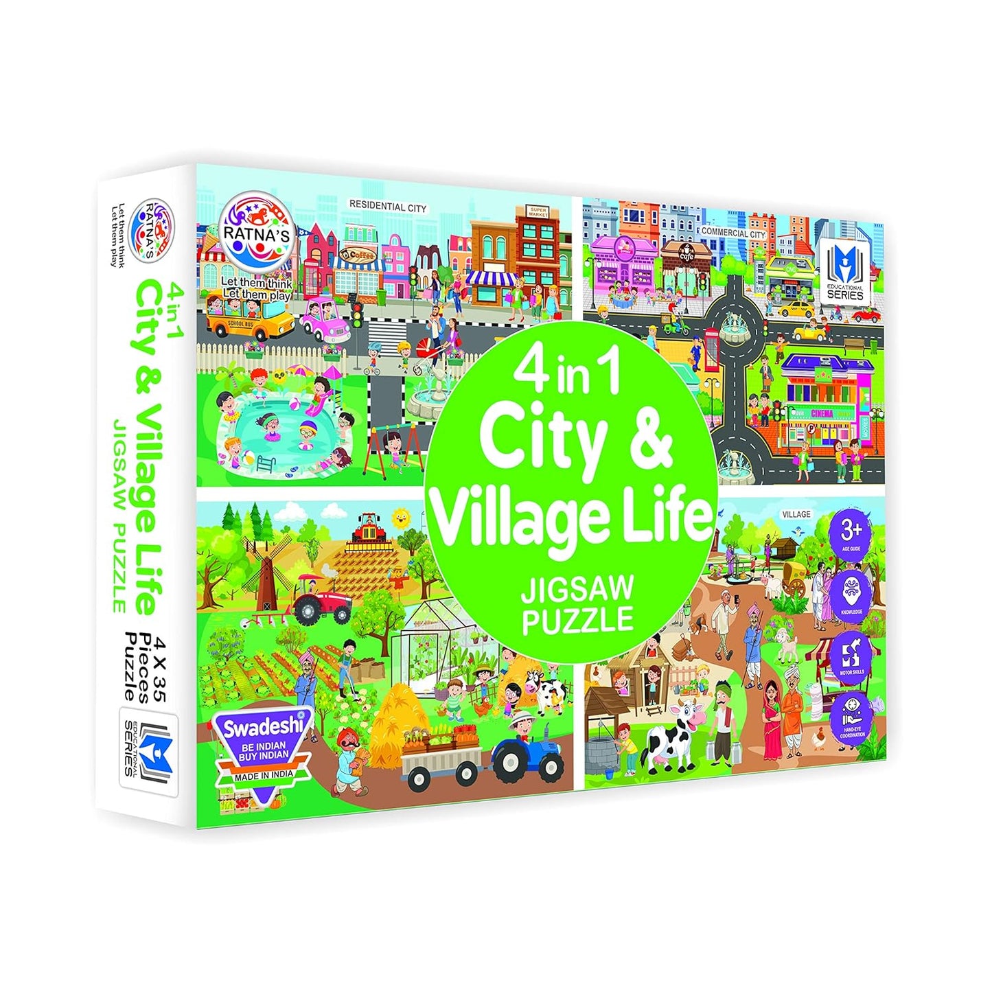 ratna's 4 in 1 city & village life jigsaw puzzle for kids. 4 jigsaw puzzles with 35 pieces each (commercial city, residential city, village & village farming), multicolor