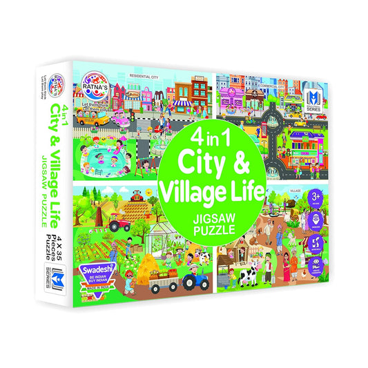 RATNA'S 4 in 1 City & Village Life Jigsaw Puzzle for Kids. 4 Jigsaw Puzzles with 35 Pieces Each (Commercial City, Residential City, Village & Village Farming), Multicolor