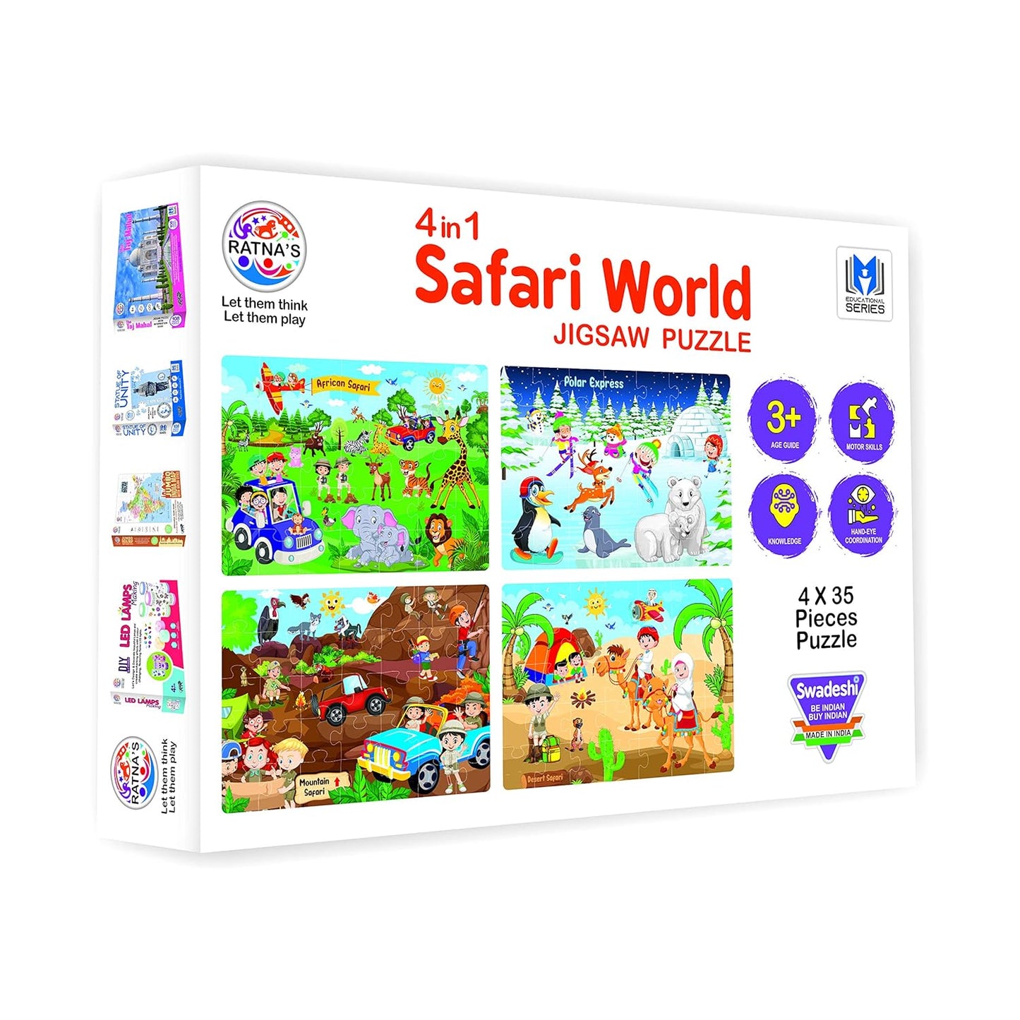 ratna's 4 in 1 safari world jigsaw puzzle for kids. 4 puzzles with 35 pieces each (african safari, polar express, mountain safari & desert safari)