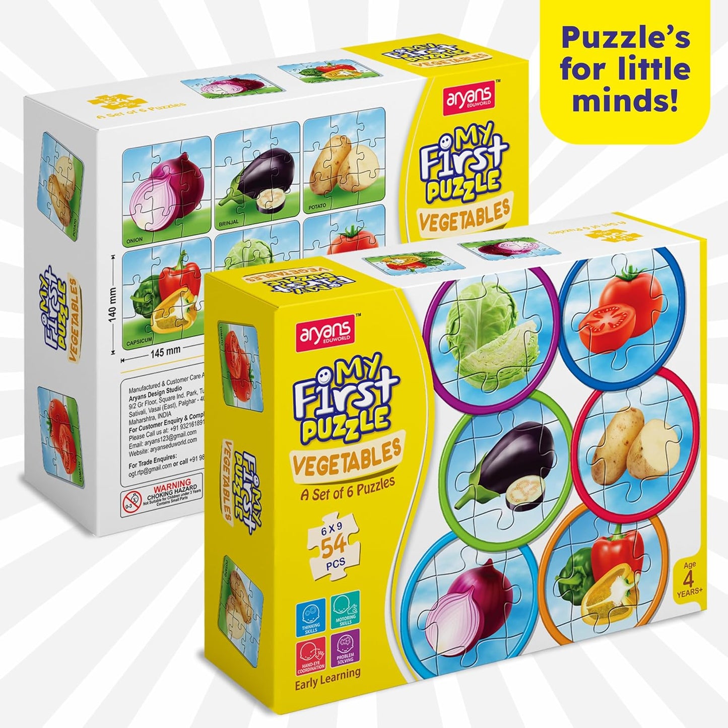 my first vegetables puzzle set for kids | 6-in-1 educational jigsaw | 54 pcs learning puzzle | onion, tomato, cabbage, potato | age 4+ boys & girls