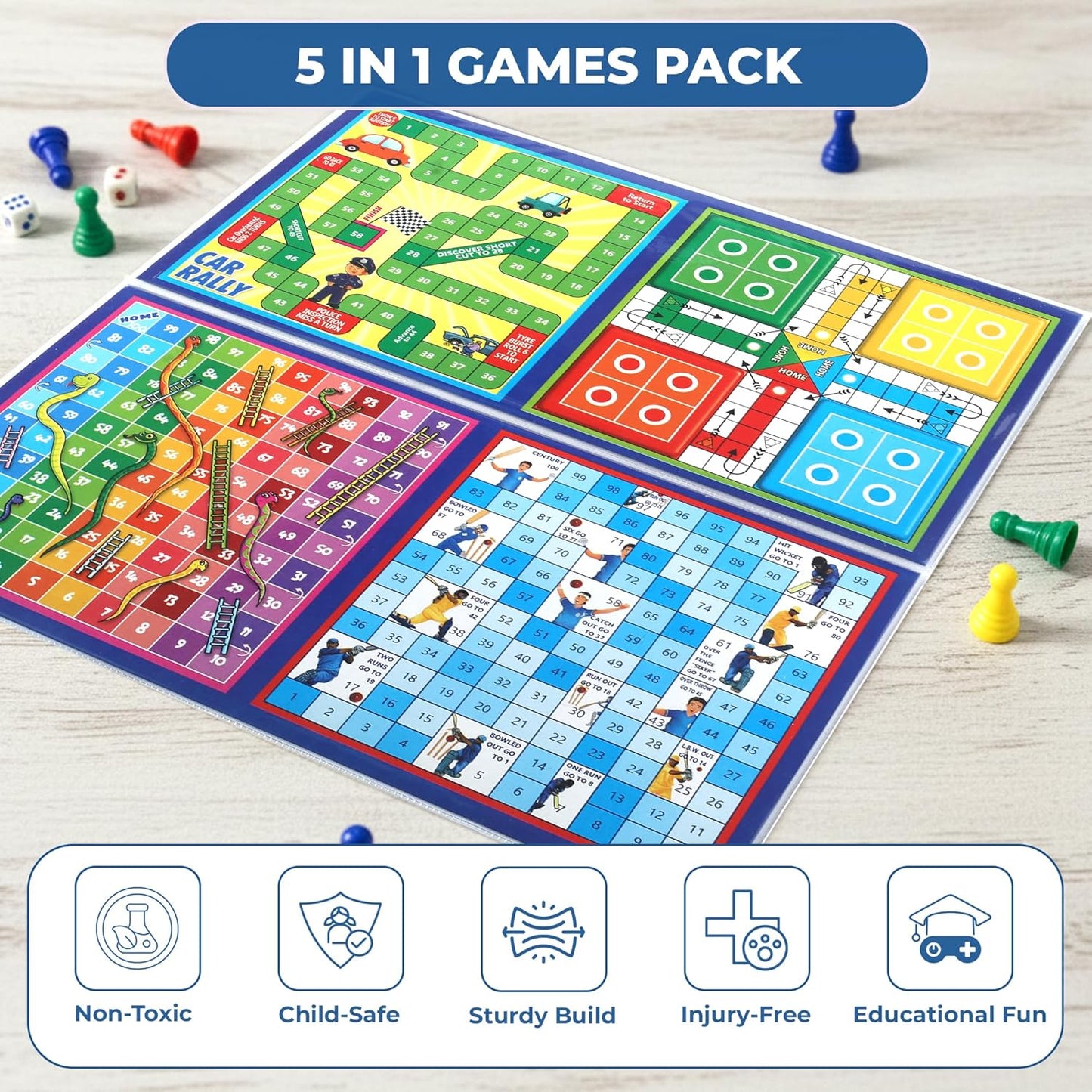 ratna's business junior coins 5 in 1 board game set of business, snake and ladders, ludo, car rally, and cricket games, 2-4 players, perfect for kids & adults play