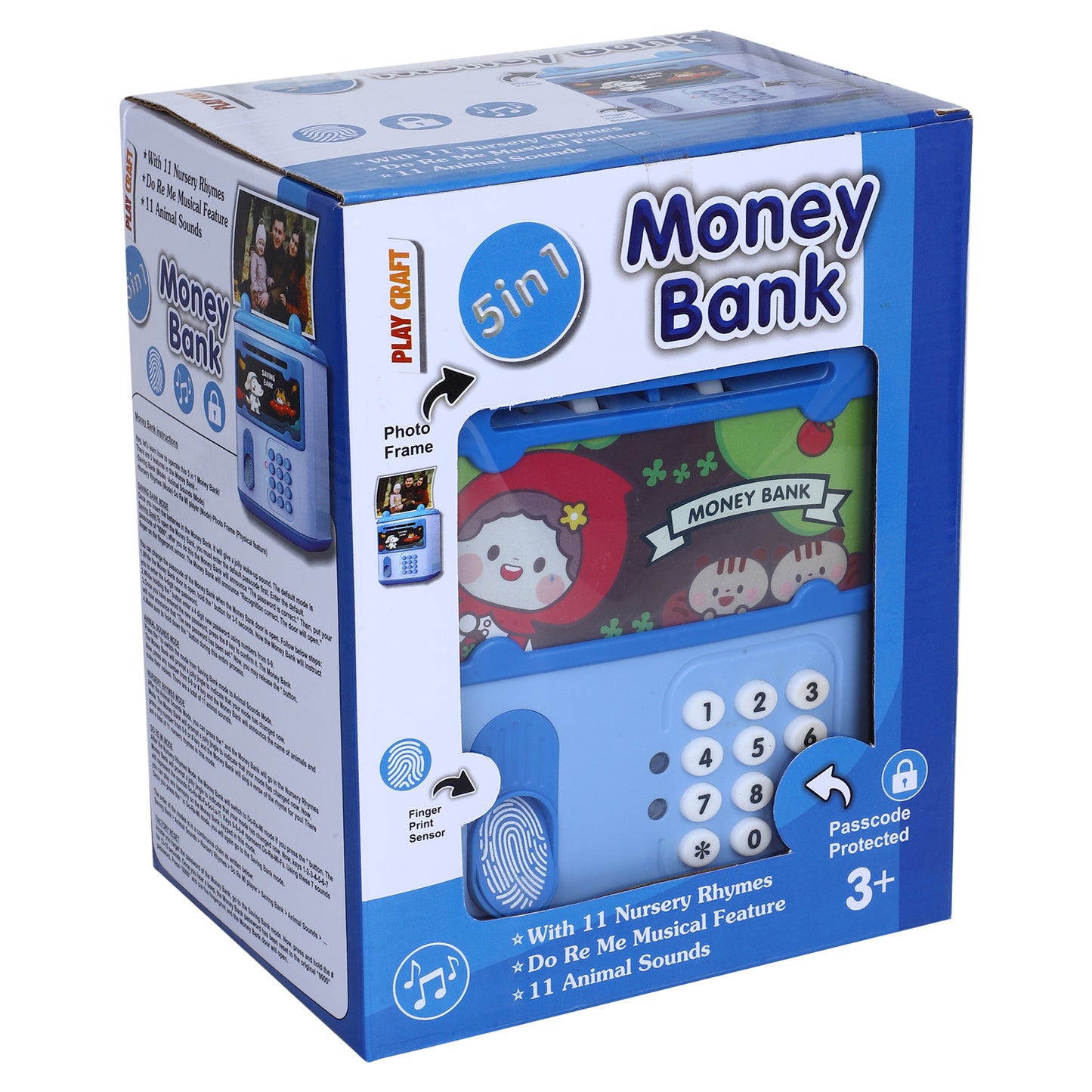 play craft 5 in 1 money bank with password & fingerprint sensor, blue, 3y+