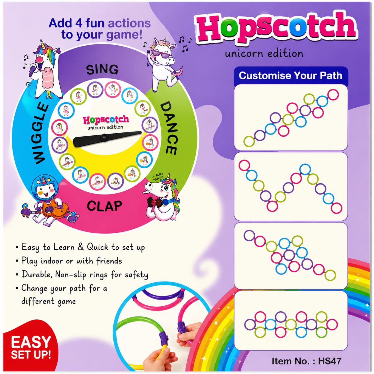 unicorn edition hopscotch ring game set (13 rings, 16 connectors & spinner) | great for indoor/outdoor play for kids | 3+years