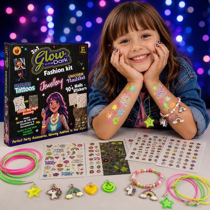 Glow in the Dark 3-in-1 Fashion Kit – Unicorn Nail Art, Jwellery & Fashion Tattoos
