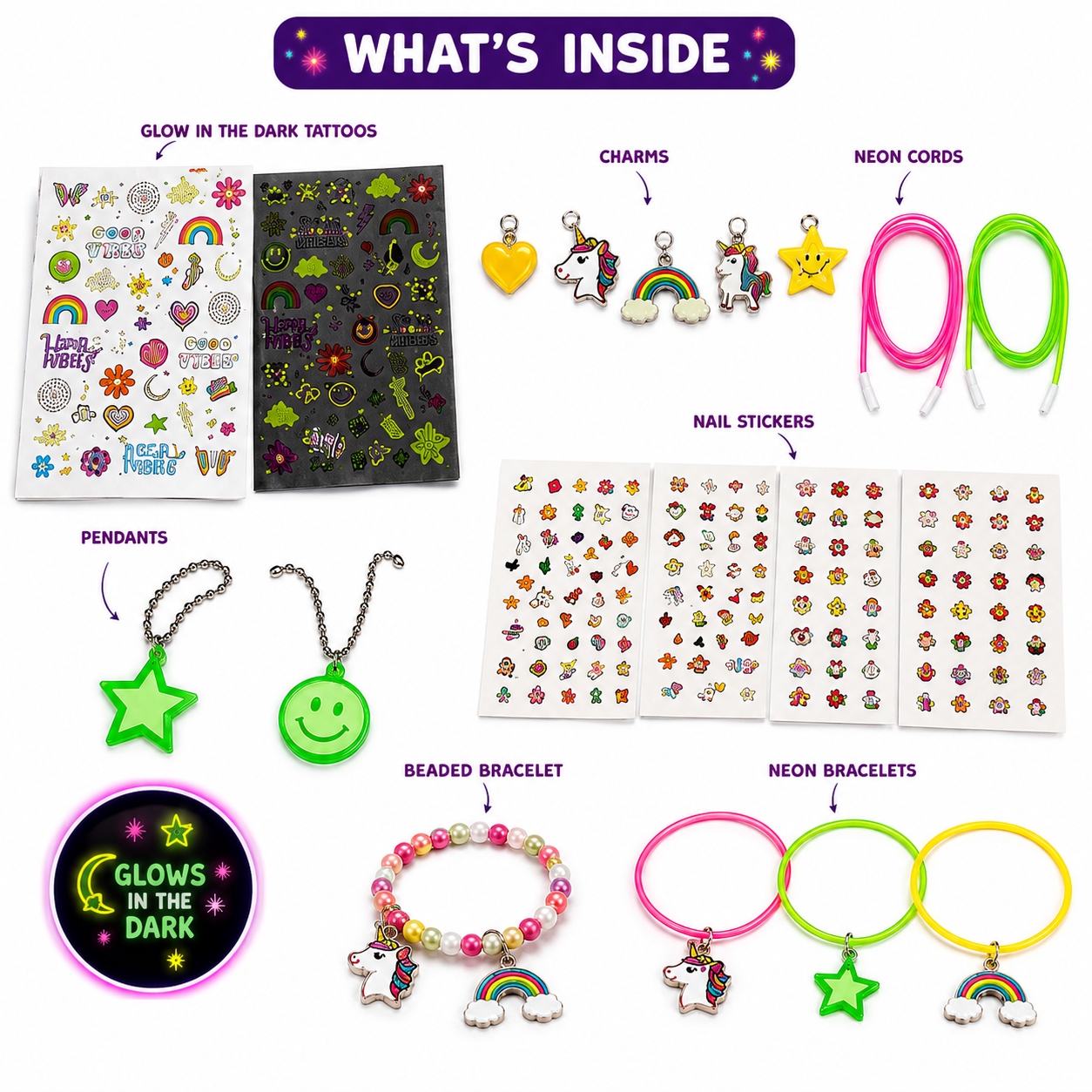 glow in the dark 3-in-1 fashion kit – unicorn nail art, jwellery & fashion tattoos