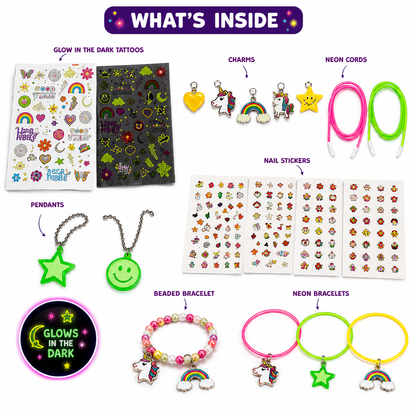 Glow in the Dark 3-in-1 Fashion Kit – Unicorn Nail Art, Jwellery & Fashion Tattoos