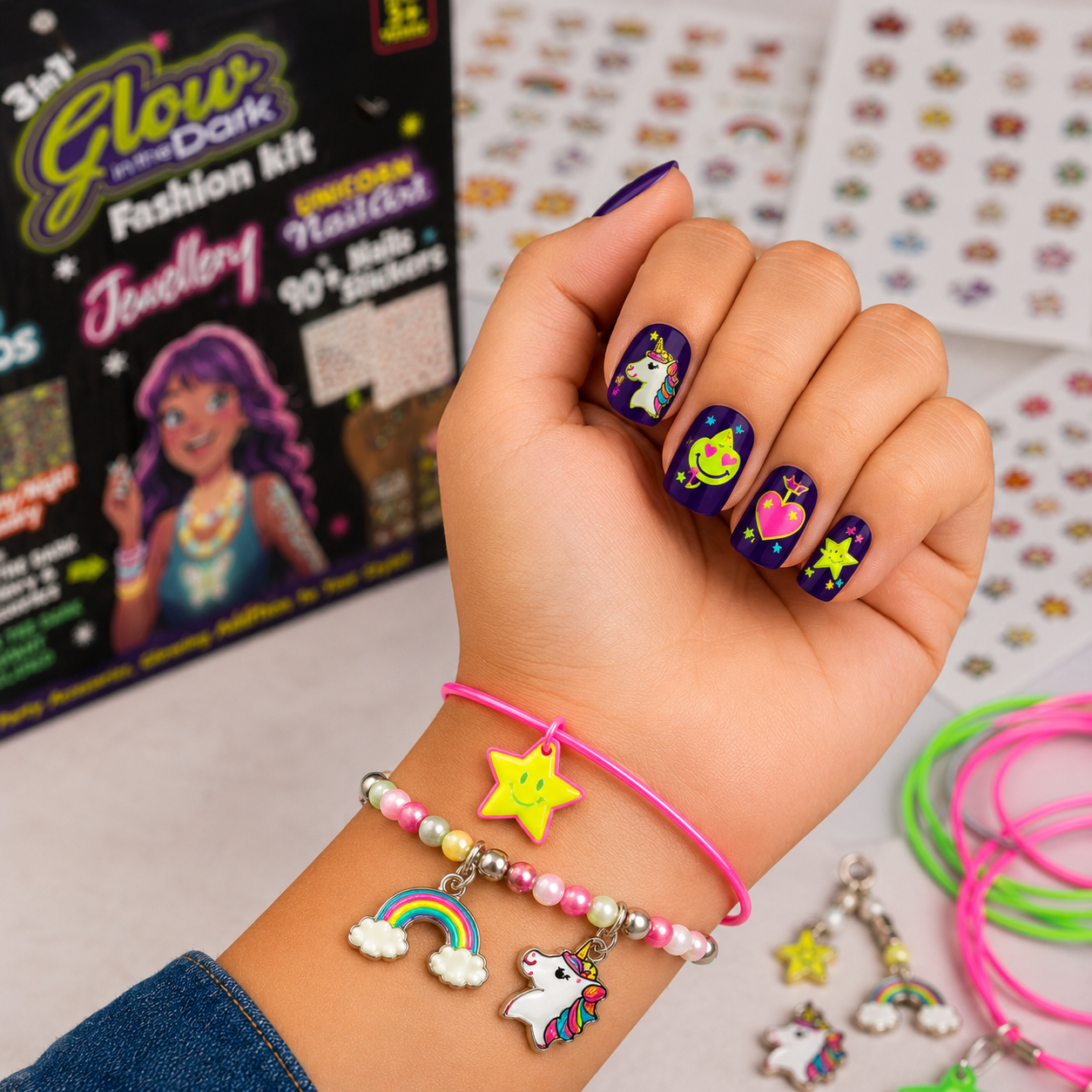 glow in the dark 3-in-1 fashion kit – unicorn nail art, jwellery & fashion tattoos