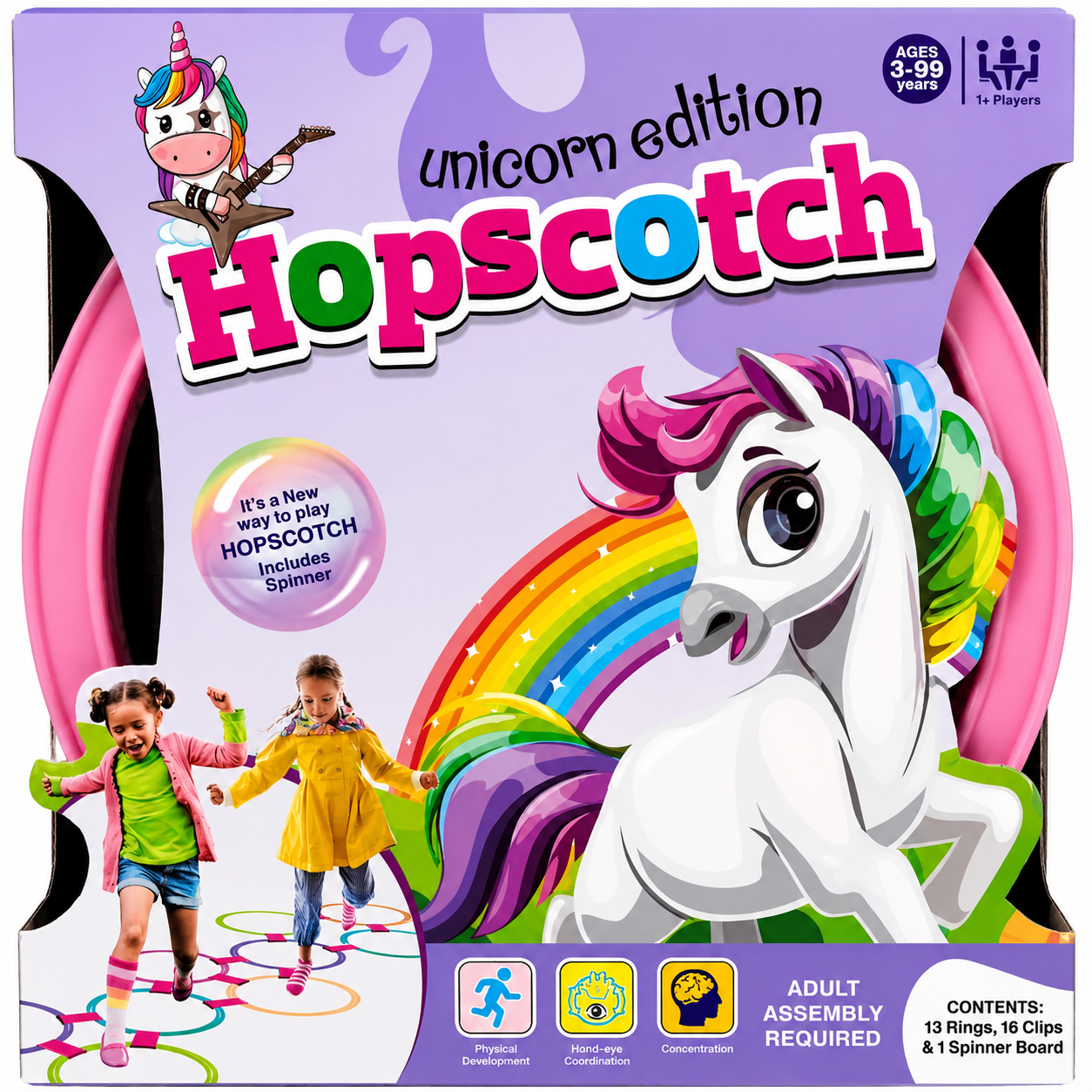 unicorn edition hopscotch ring game set (13 rings, 16 connectors & spinner) | great for indoor/outdoor play for kids | 3+years