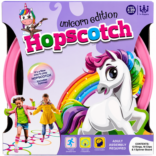 Unicorn Edition Hopscotch Ring Game Set (13 Rings, 16 Connectors & Spinner) | Great for Indoor/Outdoor Play for Kids | 3+Years