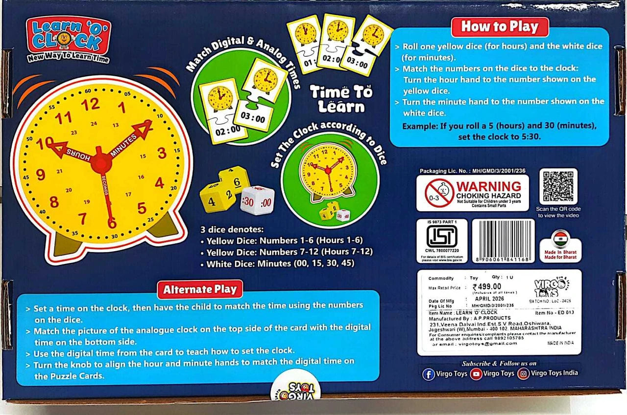 olympia learn o' clock new way to learn time 24pcs puzzle and 3dice age 5years+